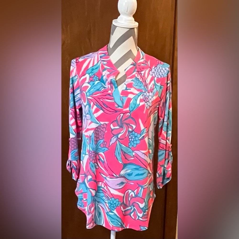 Bright Pink Floral V-Neck Tunic Top